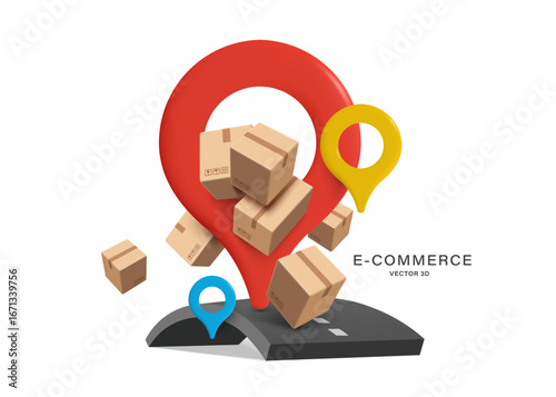 Parcel boxes or cardboard boxes are delivered to customers at designated pin location markers or pin map, all on road to communicate delivery service, vector 3d for e commerce, delivery concept