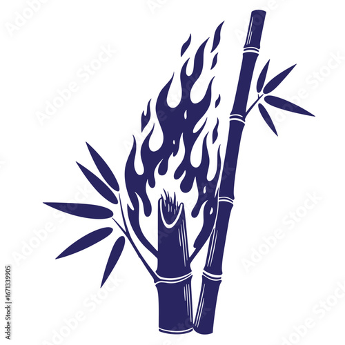 Burning bamboo silhouette with flames and leaves illustrating transformation and resilience