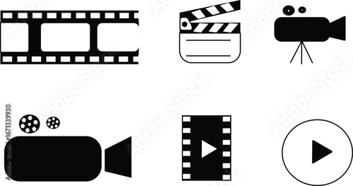 Video icon set. video camera movie sign. Film shooting, camera, clapboard symbol for app, website, design element movie concept vector illustration 