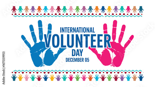International volunteer day banner with colorful hands and celebration design