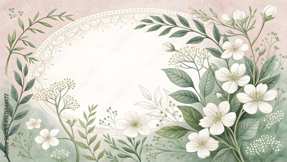 Obraz premium Delicate white floral botanical frame with green foliage image