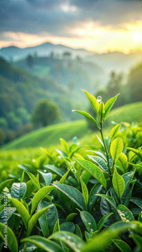 Fototapeta premium Dense green tea bushes in morning mist with dew drops glistening on leaves and stems