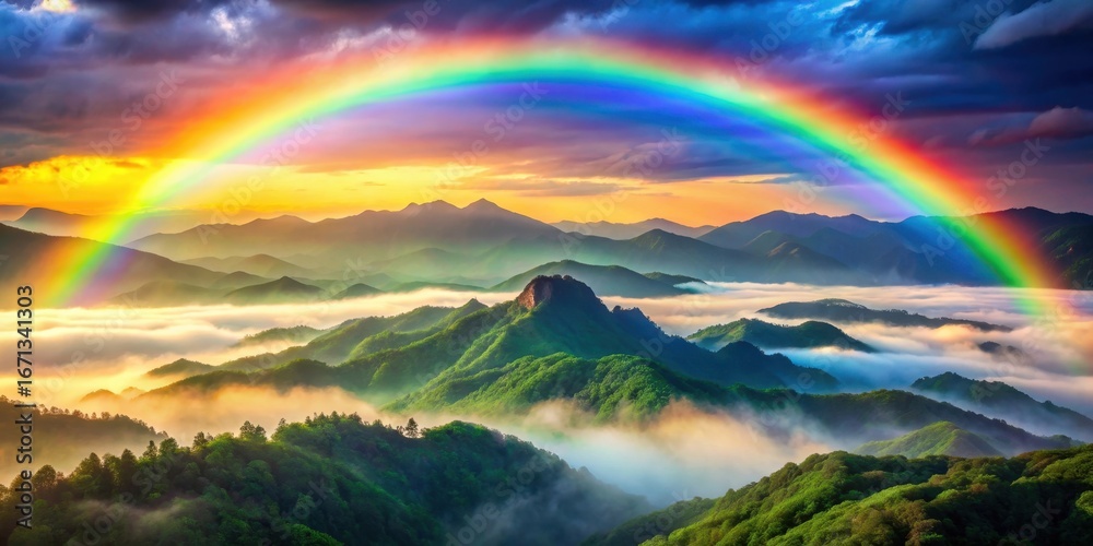 Obraz premium Soaring rainbow hues from grey to vibrant lime green over a misty mountain range