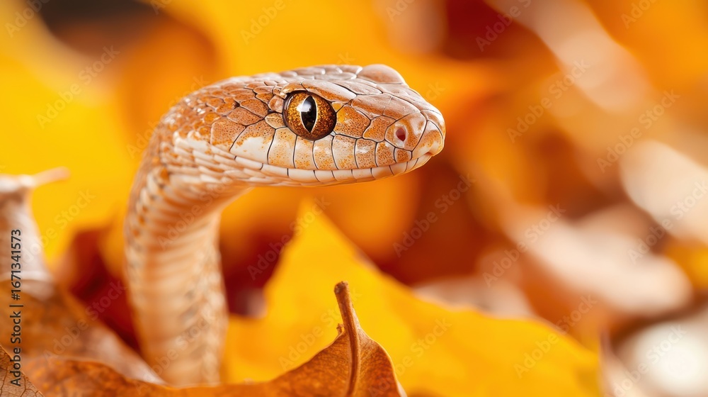 Fototapeta premium Vertebrate Snake slithering through dry leaves with intricate scale patterns.