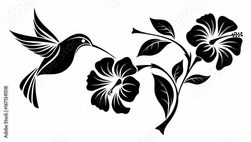 Silhouette of a hummingbird flying towards hibiscus flowers with detailed petals and leaves design art