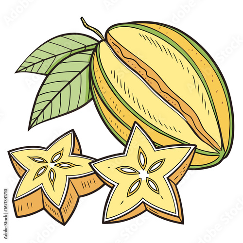Fresh starfruit with slices and leaves on a white background