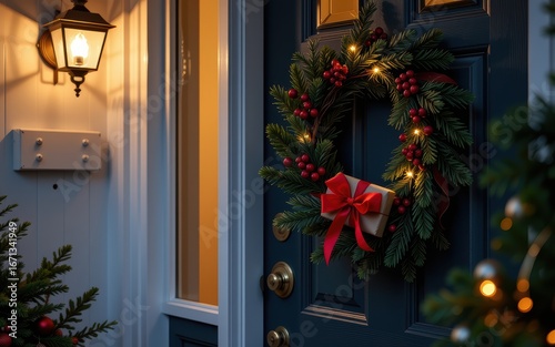 Festive door adorned with a Christmas wreath and lantern, evoking holiday cheer.