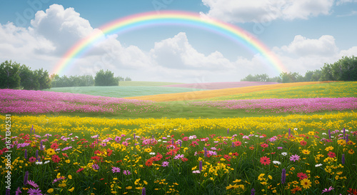 Colorful Rainbow Arcing Over Green Field After Rain Storm