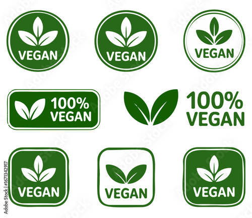 Collection of green and white vegan labels and icons with leaf designs, indicating plant-based products and a healthy lifestyle choice.