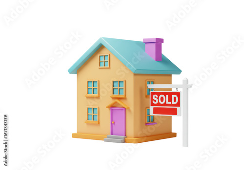 Isolated house with sold sign and blue roof for real estate purchase illustration