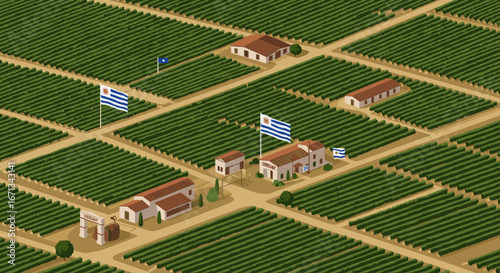 Uruguay flag displayed on farm landscape with rural countryside fields