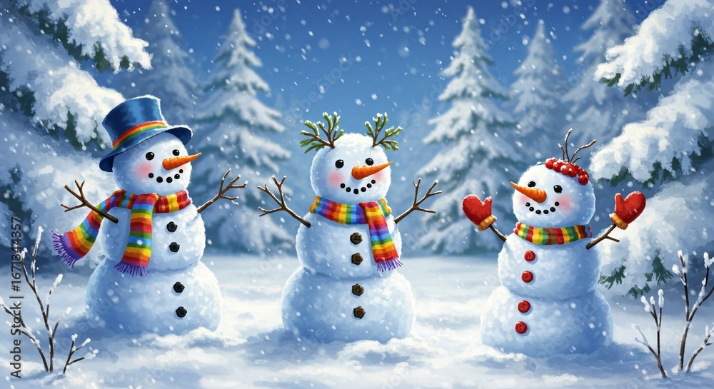 Obraz premium Cute Snowmen in Winter Wonderland with Rainbow Arc