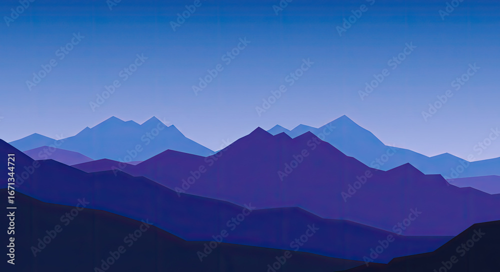 Naklejka premium A serene landscape showcases a range of mountains, painted in shades of blue and purple, creating a tranquil and atmospheric scene.