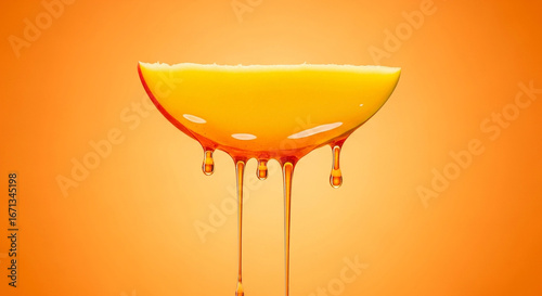 Close-up of fresh mango slice and whole mango with syrup drips, sharp focus, and vibrant orange tones
