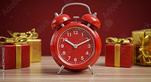 A Red Alarm Clock Surrounded By Wrapped Christmas Gift Boxes