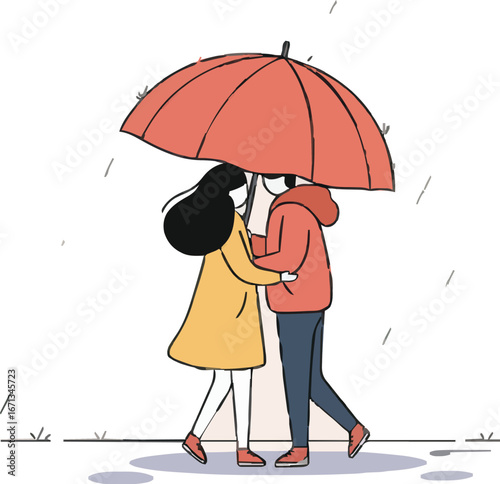 Romantic Cartoon Couple Walking Under Umbrella in Rain Vector
