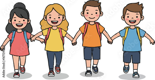 Cartoon Group of Kids Walking Hand in Hand Flat Vector Style