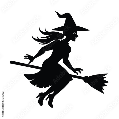 Silhouette of a witch on a broom flying with an eagle and a raven in a black vector illustration