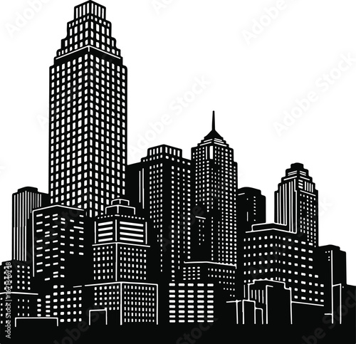 Black and White Graphic City Skyline with Tall Skyscrapers and Buildings cityscape urban