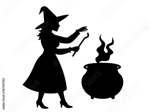 A witch stirring a cauldron  black silhouette vector illustration
