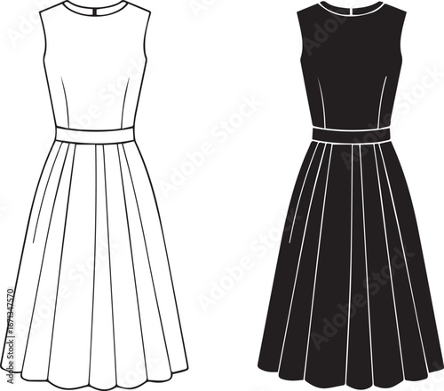 Black and White Line Art Fashion Dress Vector Illustration clothing apparel