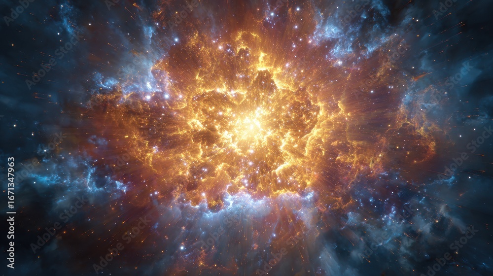 Naklejka premium Explosive Radiant Star Emergence with Vibrant Lights and Cosmic Background.
