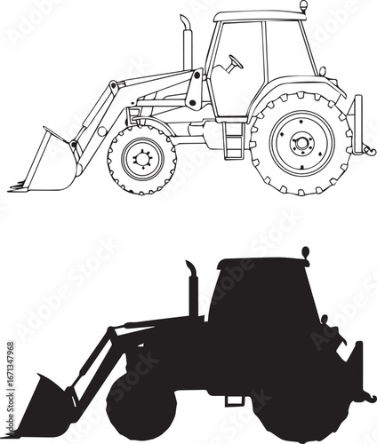 Black and White Line Drawing and Silhouette of a Backhoe Loader tractor construction vehicle