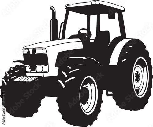 Black and White Silhouette of a Modern Farm Tractor with Large Tires agriculture vehicle