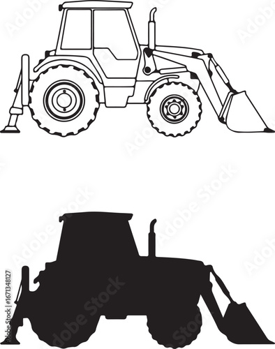 Black Silhouette and Outline of a Backhoe Loader on a White Background tractor construction equipment