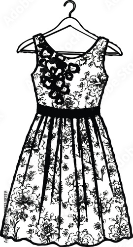 Black ink sketch of a sleeveless lace dress with floral pattern on a hanger fashion clothing