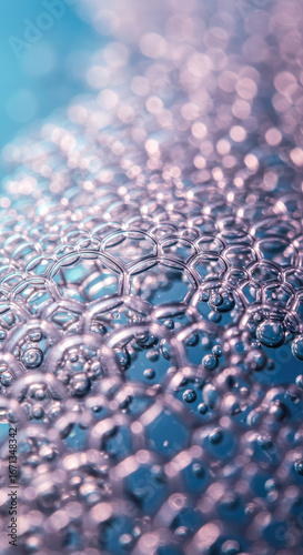 A close-up view of a vibrant soap suds, showcasing a complex pattern of interconnected bubbles in various sizes and shapes.
