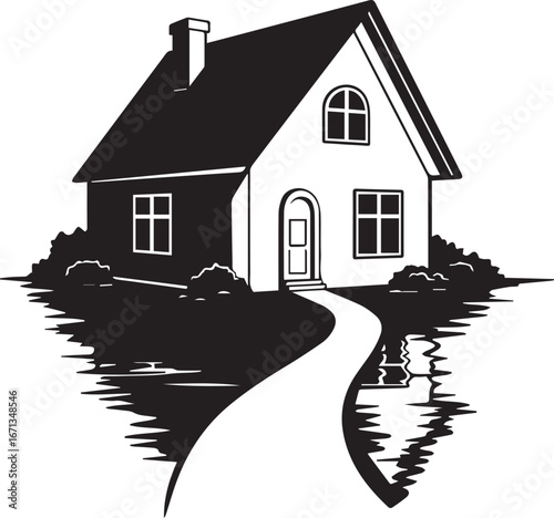 Black Silhouette of a House with Winding Path and Water Reflection on White Background home building