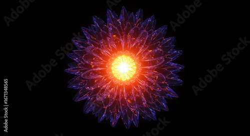 A radiant, crystalline flower design bursts with vibrant colors against a dark backdrop, showcasing intricate details and a mesmerizing glow.