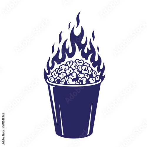 Graphic illustration of a popcorn bucket with flames emanating from the top creating a visual effect.