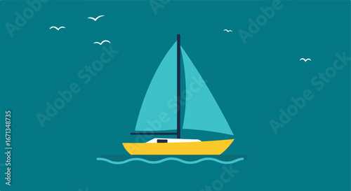 Yellow sailboat and birds