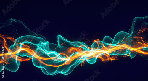 A dynamic, abstract design features flowing, vibrant turquoise and orange lines against a rich dark background.
