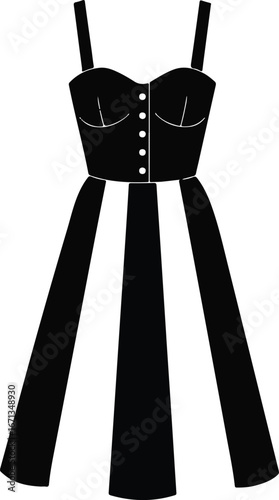 Black silhouette of a sleeveless dress with buttoned bodice and striped skirt on a hanger fashion clothing