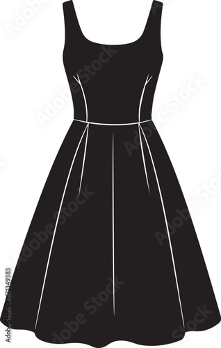 Black silhouette of a sleeveless flared dress with white trim details fashion clothing