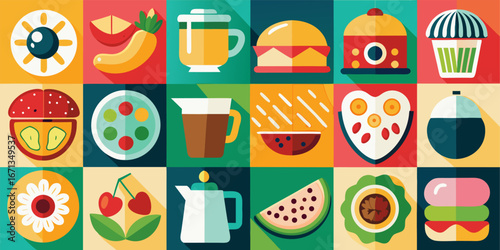 Colorful flat design food and drink icons arranged in a grid