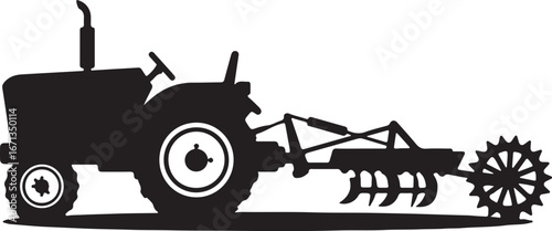 Black Silhouette of a Tractor with a Disc Harrow Attachment on a White Background farm equipment agriculture