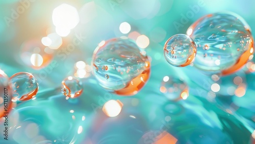 Teal liquid, floating spheres, bokeh background, vibrant, science