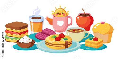 Cute kawaii food and drinks collection with cartoon characters