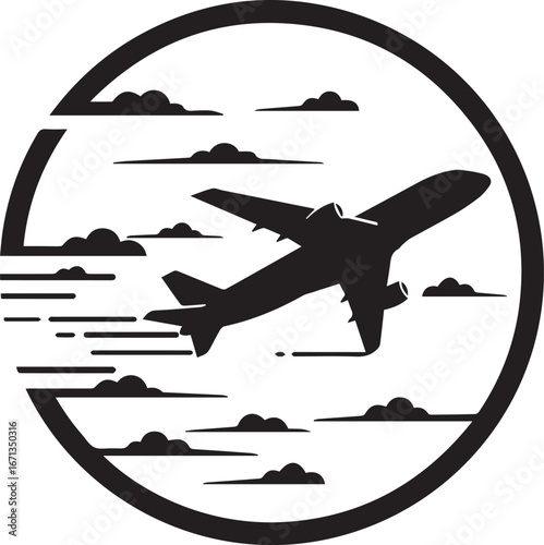 Black Silhouette of Airplane Flying Through Clouds in Circular Emblem vector illustration
