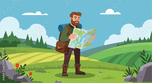 Bearded hiker views map on green rolling hills and cloudy blue sky