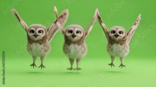 Wallpaper Mural Three adorable owls are depicted against a solid green background, dancing with joyful expressions. Torontodigital.ca