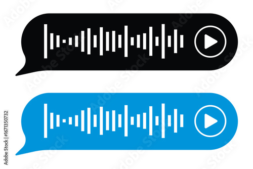 Voice message, audio chat interface and record play bubble, vector messenger playback. Voice message icon of microphone button and sound wave of recording listen in eps 10.