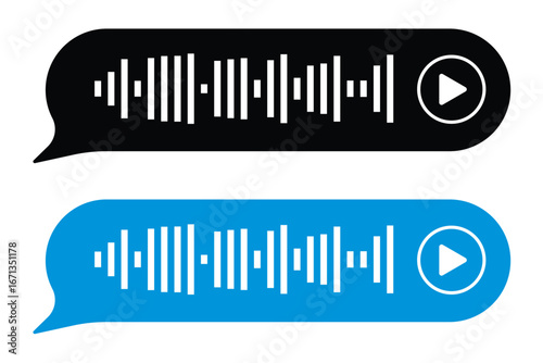 Voice message, audio chat interface and record play bubble, vector messenger playback. Voice message icon of microphone button and sound wave of recording listen in eps 10.