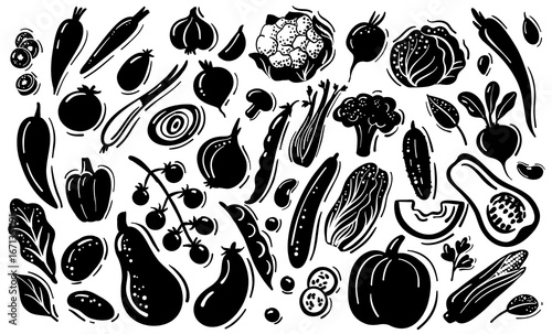 Collection of hand drawn black vegetable silhouettes. Includes pumpkin, carrot, tomato, cucumber, eggplant, onion, broccoli, corn and more