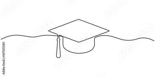Continuous one line art drawing of graduation hat design vector illustration, Graduation cap and diploma continuous one line drawing. Graduation, celebration, achievement concept. Single line drawing.