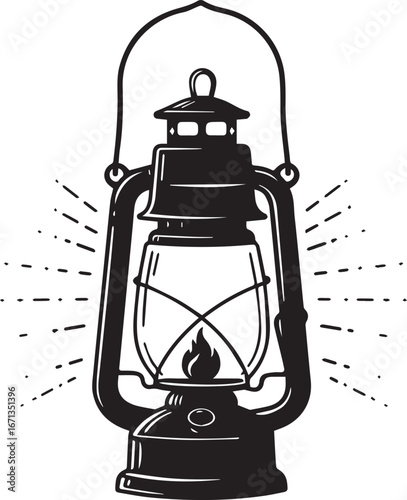 Classic Kerosene Lantern with Radiant Light Beams Illustration Keywords: kerosene lantern, oil lamp, vintage, retro, light source, flame, fire, illumination, antique, classic, portable light